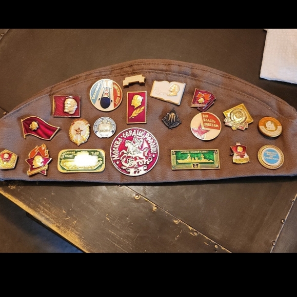 Vintage USSR Soviet Union Russian Military Hat 22 Pins USSR 2 Patches